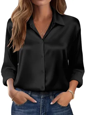 Imagen del producto de Solidchoice - Blusa de satén para mujer, con cuello en V y mangas largas