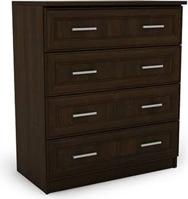 A dark brown dresser with four drawers on a white background.