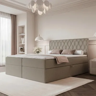 Obrázek produktu pro Boxspringová postel PONTI 160x200 s kosočtvercovým prošíváním, úložným prostorem a bonellovou matrací, barva taupe