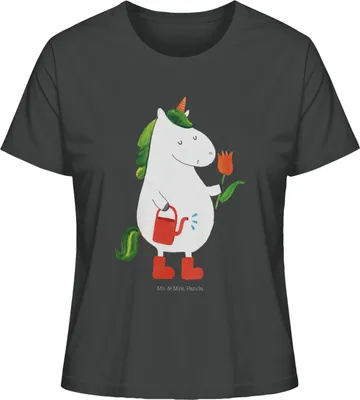 Produktbild von Mr. & Mrs. Panda Shirt Damen Einhorn Gärtner Größe L - Anthrazit - Geschenk, Einhörner, Basic T-Shirt, Giesskanne, Sommershirt, Frauen, Freude, Unicorn, Stiefel, Baumwoll