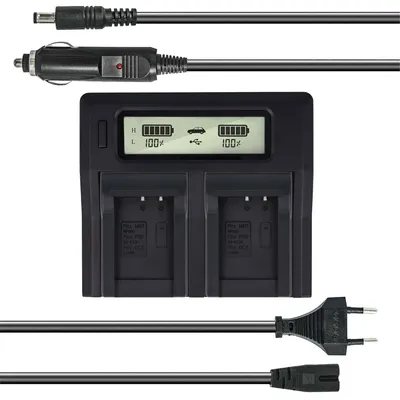 Produktbild von Dual Akku-Ladegerät kompatibel mit Konica Minolta NP-900 - mit USB-Anschluss, LCD-Display und Kfz-Ladekabel - Schnellladegerät