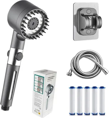 Produktbild von Grauer Hochdruck-Duschkopf mit 3 Modi, Massagefilter & Halterung, 1,5m Schlauch