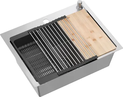 Produktbild von VBChome Edelstahlspüle 58 x 45 cm Gebürsteter Edelstahl Zubehörset Spender Schneidbrett Rollmatte Faltbarer Abtropfständer Zwei Löcher Siphon