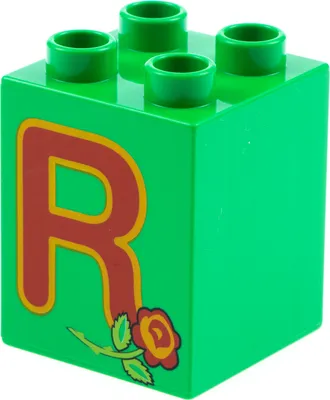 Produktbild von 1x Lego Duplo Motiv Bau Stein 2x2x2 hell grün bedruckt R und Rose 31110pb060