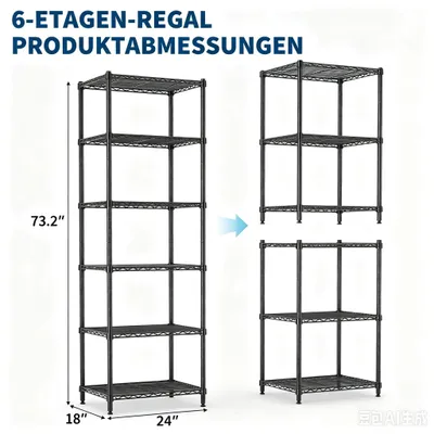 Image de Étagère de stockage pliable, robuste, avec 6 niveaux, dimensions 60 x 45 x 183 cm, capacité de charge de 544 kg, en acier inoxydable, de couleur noire
