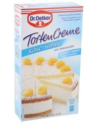 A product shot of a Dr. Oetker cake cream mix box.