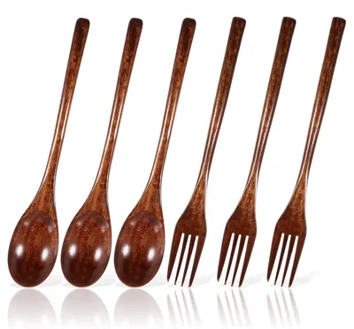 Holz-Besteckset 6-teilig, Löffel & Gabeln, japanischer Stil, lang