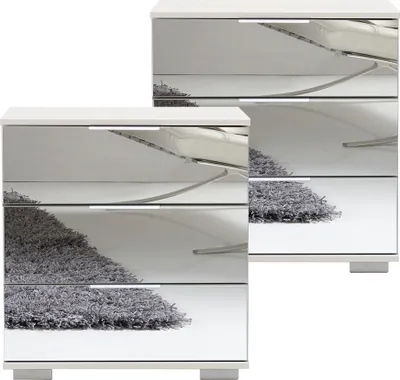 Produktbild von Schlafzimmer 2er Set Nachttisch Nachtschrank, auch für Boxspringbetten, in weiß mit Spiegelfront ELSTRA-43, B/H/T ca. 52/58/38 cm