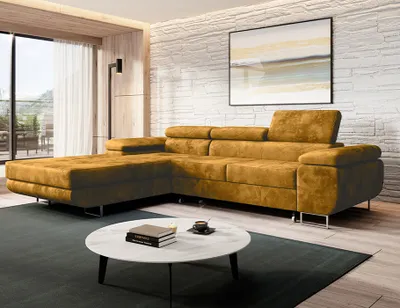 Produktbild von Easy4You Ecksofa NORBERG Velvet L-Form Senf – 279x72x205 cm - Schlafsofa mit Bettkasten und Schlaffunktion - Eckcouch mit Stauraum – Links – Stoff Monolith 48