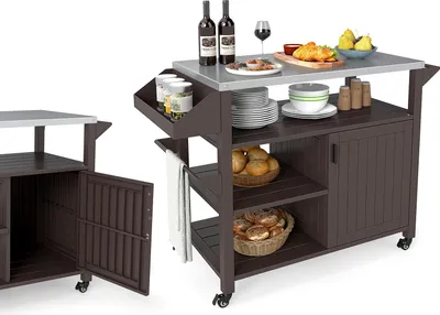 Zdjęcie produktu dla Wózek do grilla KOMFOTTEU z 3 półkami, wykonany z metalu, wózek do grilla, na kemping, na imprezę, z płytą ze stali nierdzewnej, półkami, stojakiem na przyprawy i uchwytem na ręcznik, brązowy