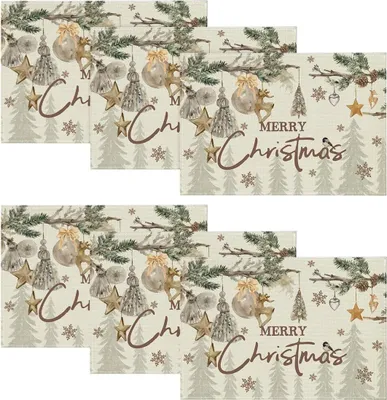 Produktbild von B?ume Hirsche Kugel Merry Christmas Weihnachten Platzsets 6er Set, 30x45cm Winter Tischset Waschbar Platzdeckchen Kš¹che Party Deko