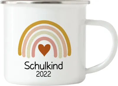 Produktbild von Schulkind 2022 Emaille Tasse Einschulungsgeschenk Grundschule 1. Klasse Schulstart Herzen Motiv