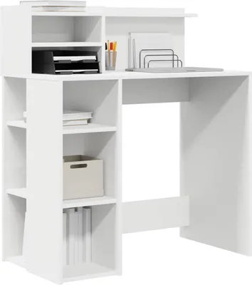 A white desk with shelves and storage compartments.