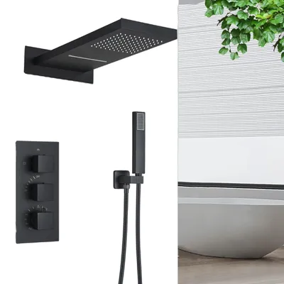 Immagine prodotto di Miscelatore termostatico per doccia a pioggia, design contemporaneo, funzionamento a tre vie, nero opaco A 3 vie