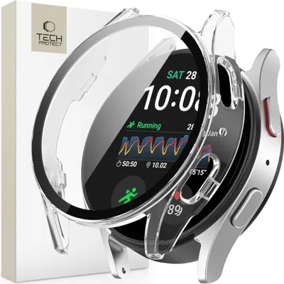 A transparent protective case is shown fitted over a smartwatch, with the watch face displaying the time and fitness data. A product box is partially visible on the left.
