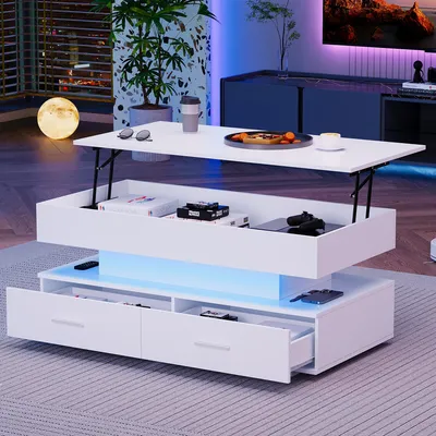 Image de MODFU Table Basse Relevable Hydraulique avec Eclairage LED et Bluetooth - 2 Tiroirs de Rangement, Structure en Panneau de Particules, Blanc - 100x50x44 cm
