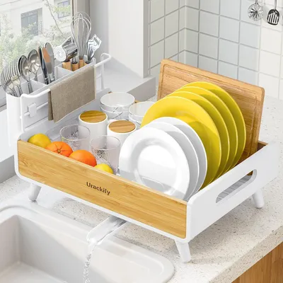 Immagine prodotto di Portaoggetti per stoviglie da cucina, in acciaio inossidabile e bambù, con cestello per posate e scolapiatti, bianco, da utilizzare vicino al lavello