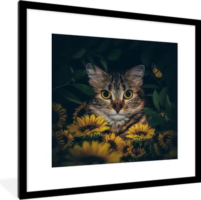 Produktbild von MuchoWow® Gerahmtes Poster Katze - Gelb - Blumen - Botanisch 40x40 cm - Poster mit Schwarzem Bilderrahmen Wandposter Rahmen Foto Bilder - Poster - Plakat im Rahmen