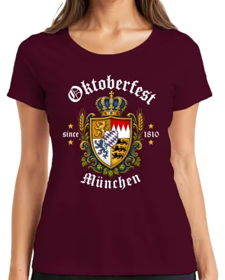 Produktbild von München 1810 Wappen Bayern Wiesn Krone Lederhose Löwe Damen T-Shirt, Burgundy, XL