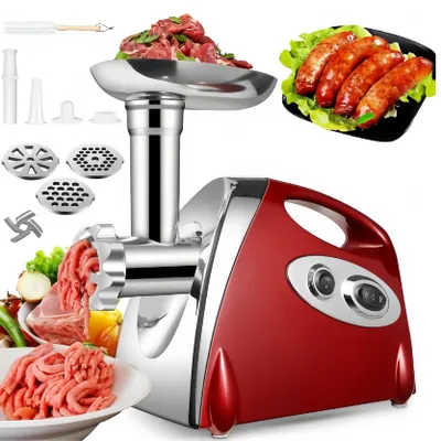 Produktbild von 2800W Elektrischer Fleischwolf, 3in1 Multi Küchenmaschine,Super-intelligenter Wärmeschutz,Wurstmaschine mit 3 Lochscheiben, 4 Kegel-Klingen,rot