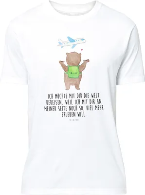 Produktbild von Mr. & Mrs. Panda S T-Shirt Bär Flugzeug - Weiß - Geschenk, für Frauen, Freundin, Hochzeitstag, Mitbringsel, Jahrestag, oberteil, Baumwoll, Tshirt, Valentinstag, Design