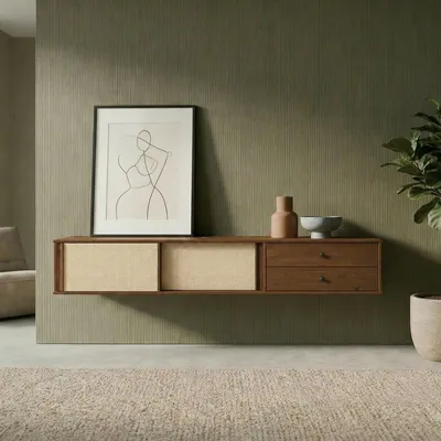 Produktbild von Lowboard SIMONA 175 cm hängend aus Massivholz, Kastanie Finish - TV Schrank mit Rattangeflecht und 2 Schiebetüren, Wohnzimmermöbel mit großzügigem Stauraum, Wandmontage Sideboard im Mid Century Style