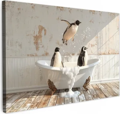 Produktbild von Wanddeko 90x60 cm - BadezimmerPinguine, Leinwand Bilder, Wandbilder, Gemälde