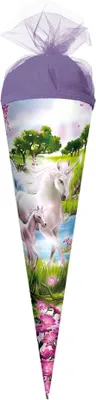 Produktbild von ROTH Geschenk-Schultüte klein Einhorn mit Fohlen 35 cm rund Tüllverschluss Zuckertüte Schulanfang
