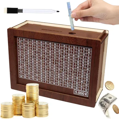 Produktbild von Sparschwein aus Holz mit Sparziel und abzuhakenden Beträgen, Sparschwein aus Holz für Kinder und Erwachsene (5000 €)