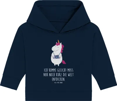 Produktbild von Mr. & Mrs. Panda Organic Baby Hoodie Einhorn Fotograf 24. - 36. Monat - French Navy - Geschenk, Kapuzensweatshirt, Städtereise, Weltenbummler, Kapuzenshirt, Urlaub