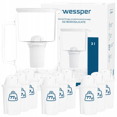 Produktbild von Wessper D2 BOROSILICATE Wasserfilterkanne 3 L Weiß – Glasfilterkanne mit 10 AquaClassic Filter, BPA-frei