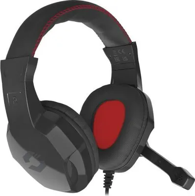 A black gaming headset with red accents is shown against a white background.