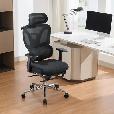 Zdjęcie produktu dla Ergonomiczne krzesło biurowe z siatki - krzesło obrotowe - wysokie oparcie, regulowana podpora głowy - podpora lędźwiowa - podłokietniki 3D - wysuwany podnóżek - regulacja wysokości - kolor czarny