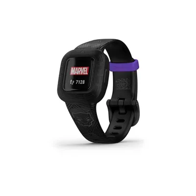 A black Garmin vivofit jr. 3 activity tracker with a purple accent.