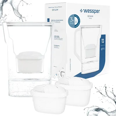 Zdjęcie produktu dla Dzbanek filtrujący Wessper D3 Slim AquaMax 2,7 l biały – w zestawie 3 standardowe wkłady filtrujące AquaMax