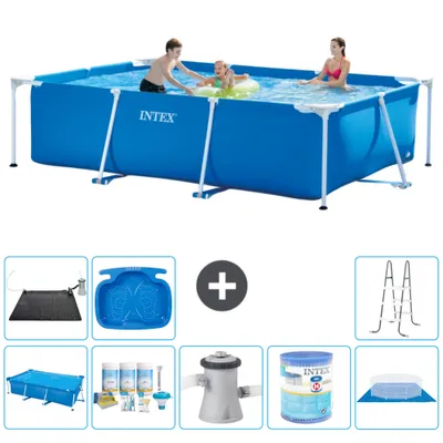 Produktbild von Intex-Schwimmbecken mit rechteckigem Rahmen – 300 x 200 x 75 cm – Blau – im Lieferumfang enthalten Sonnensegel - Wartungspaket - Filterpumpe für Schwimmbad - Filter - Bodenplane - Solarmatte