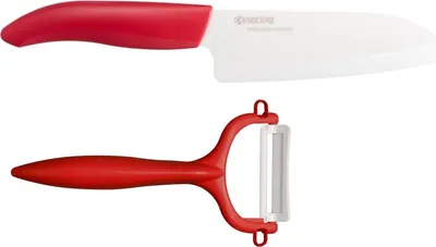 Produktbild von Kyocera GEN RED Set: Keramik Santoku Messer & Schäler für präzises Schneiden