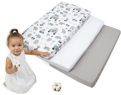 Produktbild von Medi Partners Spannbettlaken 60x120 3-Pack Baby Bettlaken Kinderbett Spannbetttuch 100% Baumwolle - Fitted Kinder Sheet Bettwäsche Babymatratze Schlafsack Babybett (Mint Zoo-Weiß-Graue) Mint Zoo-weiß-graue Dreierpack