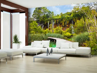 Produktbild von Vlies Fototapete Wasserfall Brücke 350x256 cm Tapeten Wandtapete XXL Landschaft Natur grün c-A-0073-a-c