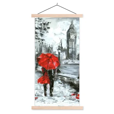 Produktbild von MuchoWow® Textilposter Gemälde - Regenschirm - Öl 60x120 cm mit holzfarbenen Rahmen - Holz