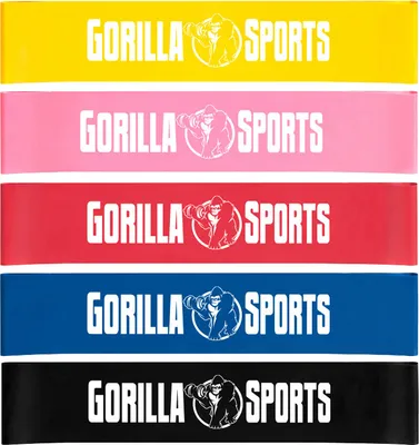 Five colored resistance bands stacked vertically, each with the same logo and text.