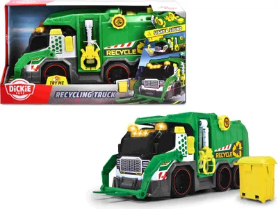 A toy recycling truck is shown in its packaging and also displayed outside of the packaging.