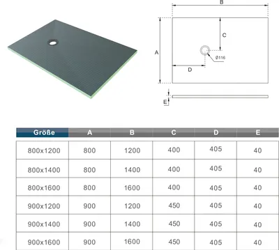 Produktbild von 140x90cm Duschelement befliesbar bodeneben Fußbodenheizung Duschboard Duschwanne Mit Ablaufgarnitur