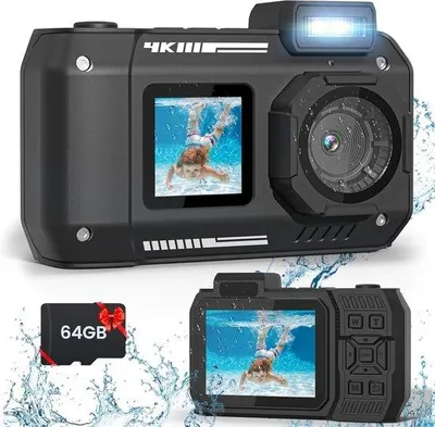 Zdjęcie produktu dla Podwodny aparat 65 MP 4K – podwodny aparat do nurkowania z rurką z pamięcią 64 GB, autofokusem, trybem selfie, podwójnym ekranem, kompaktowy, wodoodporny (czarny)