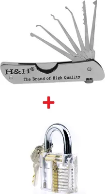A lock pick set and a transparent training padlock are shown against a white background.