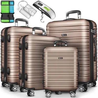 Produktbild von Famanu Reisekofferset 4-teilig mit Waage, Koffergurten und Kofferanhängern - Hartschalenkoffer mit 4 Rollen und TSA-Schloss - S-M-L-XL