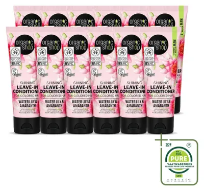 Image de 12 flacons de 75 ml de soin sans rinçage "Shining" de la marque Organic Shop, aux extraits de nénuphar et d'amarante. Lot de 12