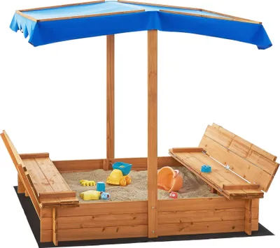 Produktbild von Sandkasten Kellenhusen mit Dach 120 x 120 x 120 cm Sandbox mit 2 klappbaren Sitzbänke Holzsandkasten Sandkiste Tannenholz