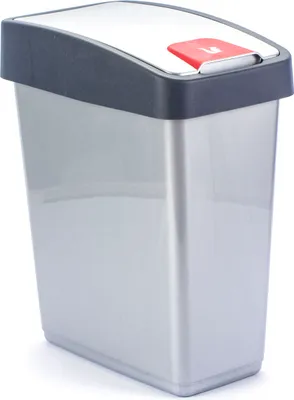 A silver and gray trash can with a red button on the lid.