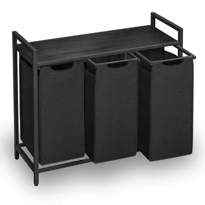 A black laundry sorter with three compartments and a wooden top shelf, shown against a white background.